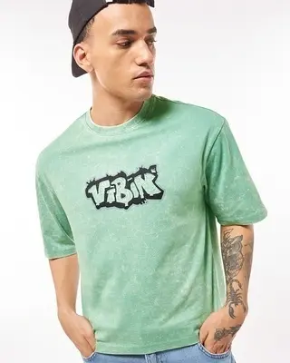 Men's Green Vibik Graphic Printed Oversized Acid Wash T-shirt