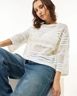 Women's Off White Oversized Crochet Short Top
