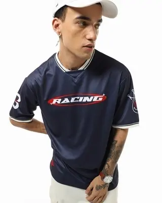 Men's Blue Racing Typography Oversized T-shirt