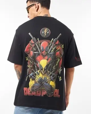 Men's Black Deadpool Duo Graphic Printed Oversized T-shirt